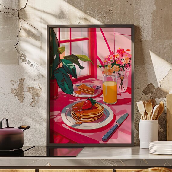 Cozy Pancake Breakfast Spread Gouache Pink Kitchen Food Illustration Art Poster