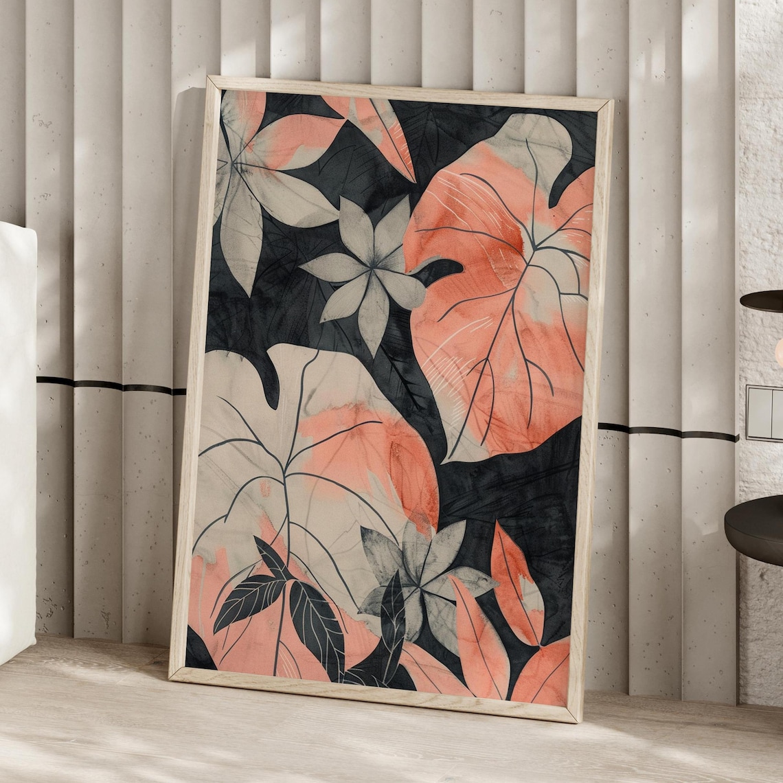 Moody Coral Pink Botanical Leaves Dark Abstract Floral Poster
