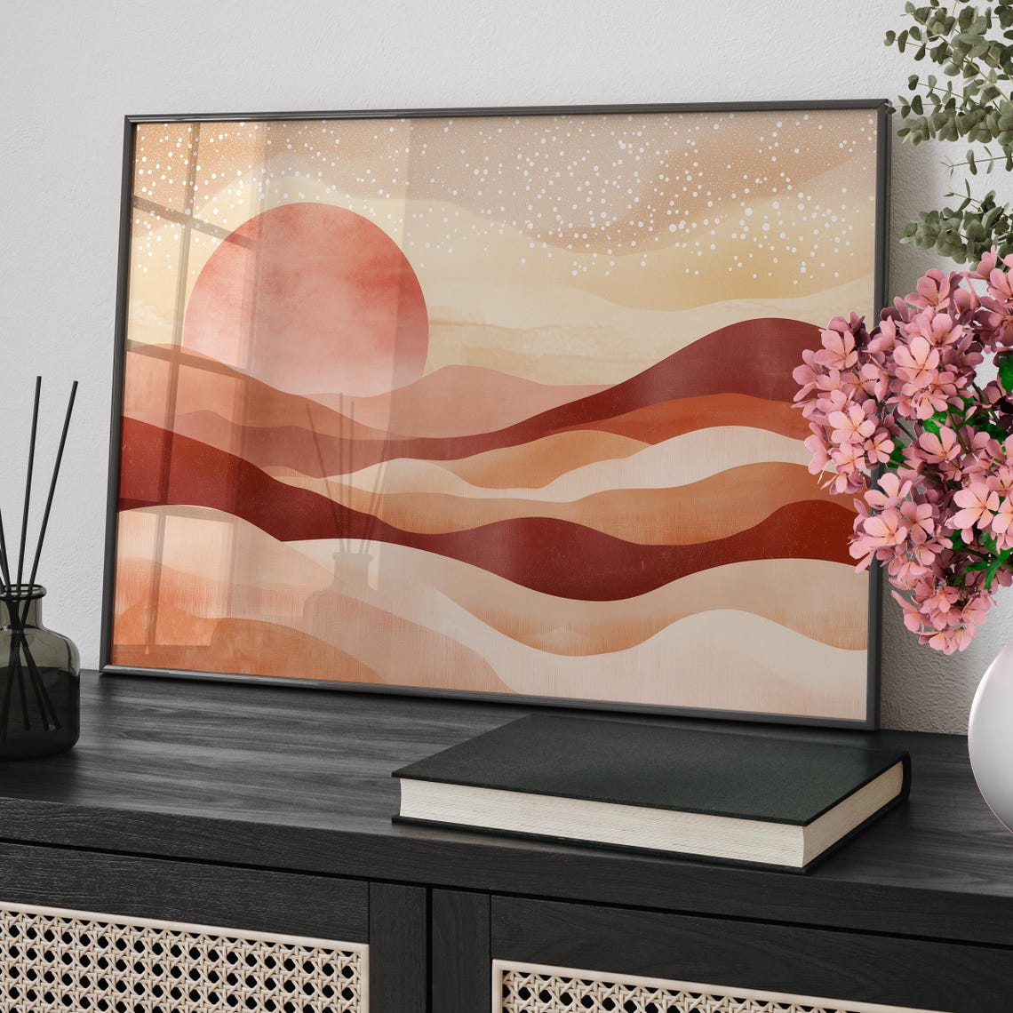 Boho Abstract Sun Above Desert Dunes Wall Art Poster Or Canvas Print Neutral Landscape Minimalist Home Decor