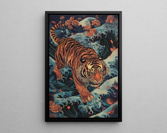 Pacing Tiger Art Print Abstract Jungle Illustration Or Canvas Tropical Maximalist Colorful Safari Animal Floral Wild Cub Decor
