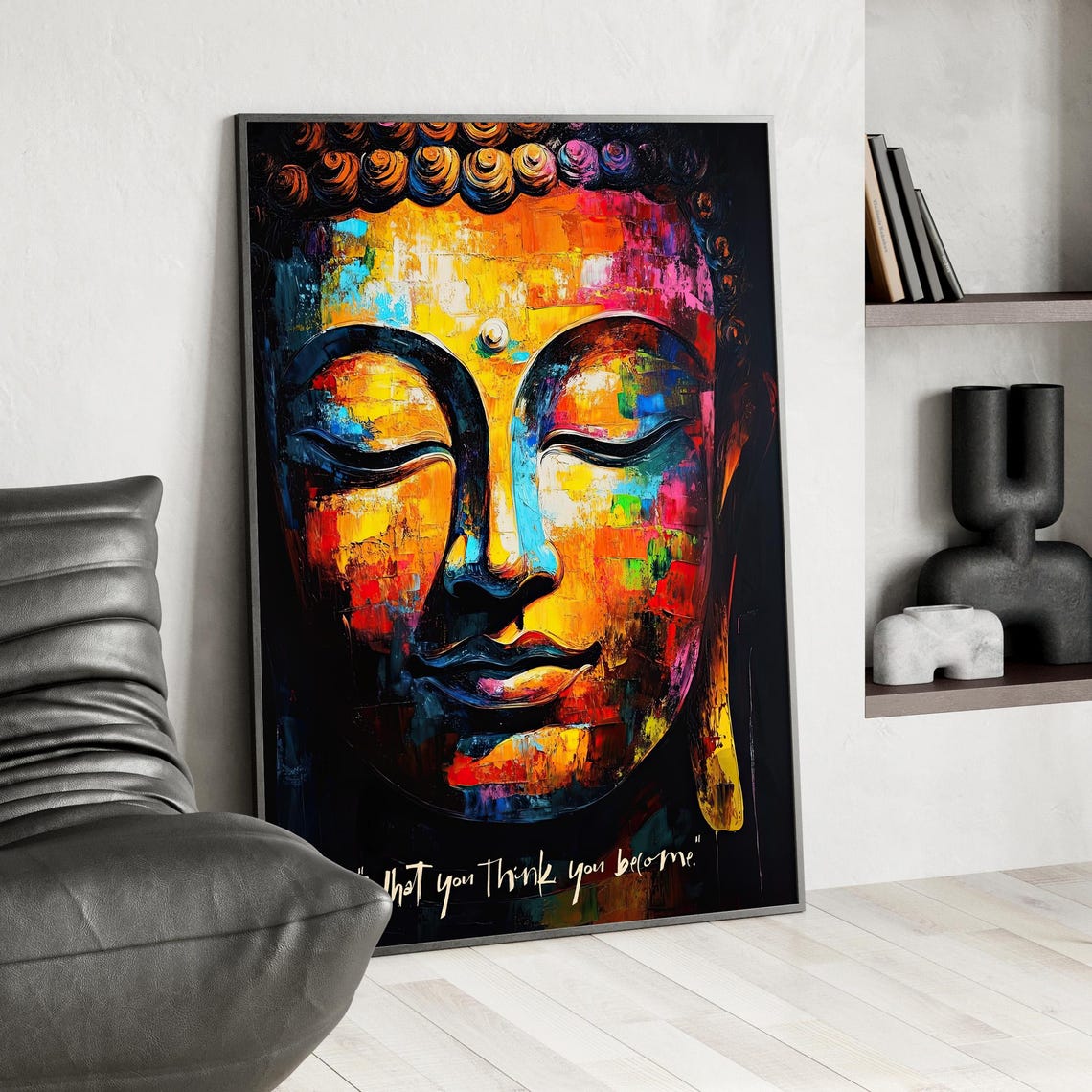 Colorful Buddha Face Abstract Oil Painting Poster Or Canvas Vibrant Hyperrealistic Art Dark Wall Peaceful Portrait