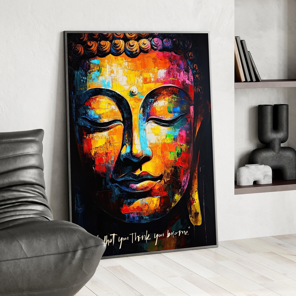Vibrant Abstract Buddha Face Oil Painting Zen Meditation Poster