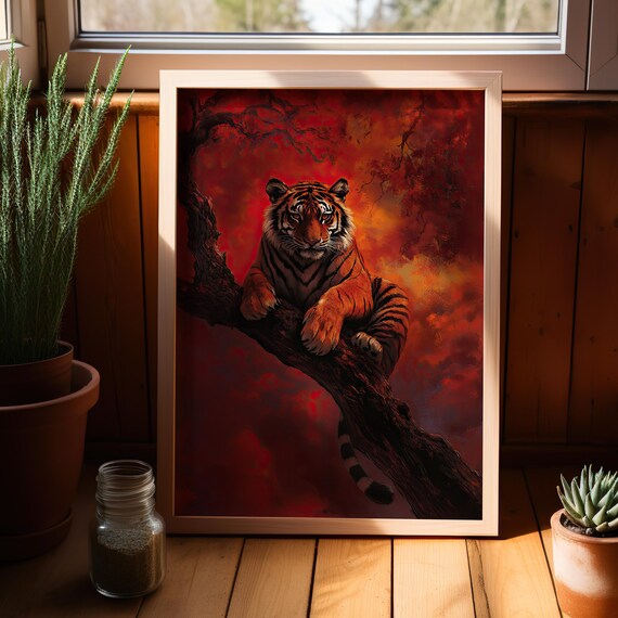 Fierce Tiger On A Tree Branch Portrait With Red Dark Clouds Oil Painting Poster Or Canvas Wild Animal Mysterious Decor Academia
