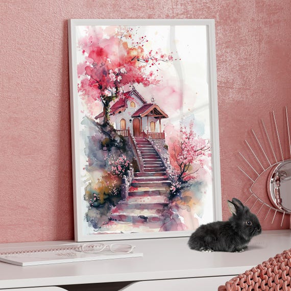 Watercolor Style Botanical Pink House Wall Art Or Canvas Modern Floral Poster Fancy Print Perfect Warming Gift