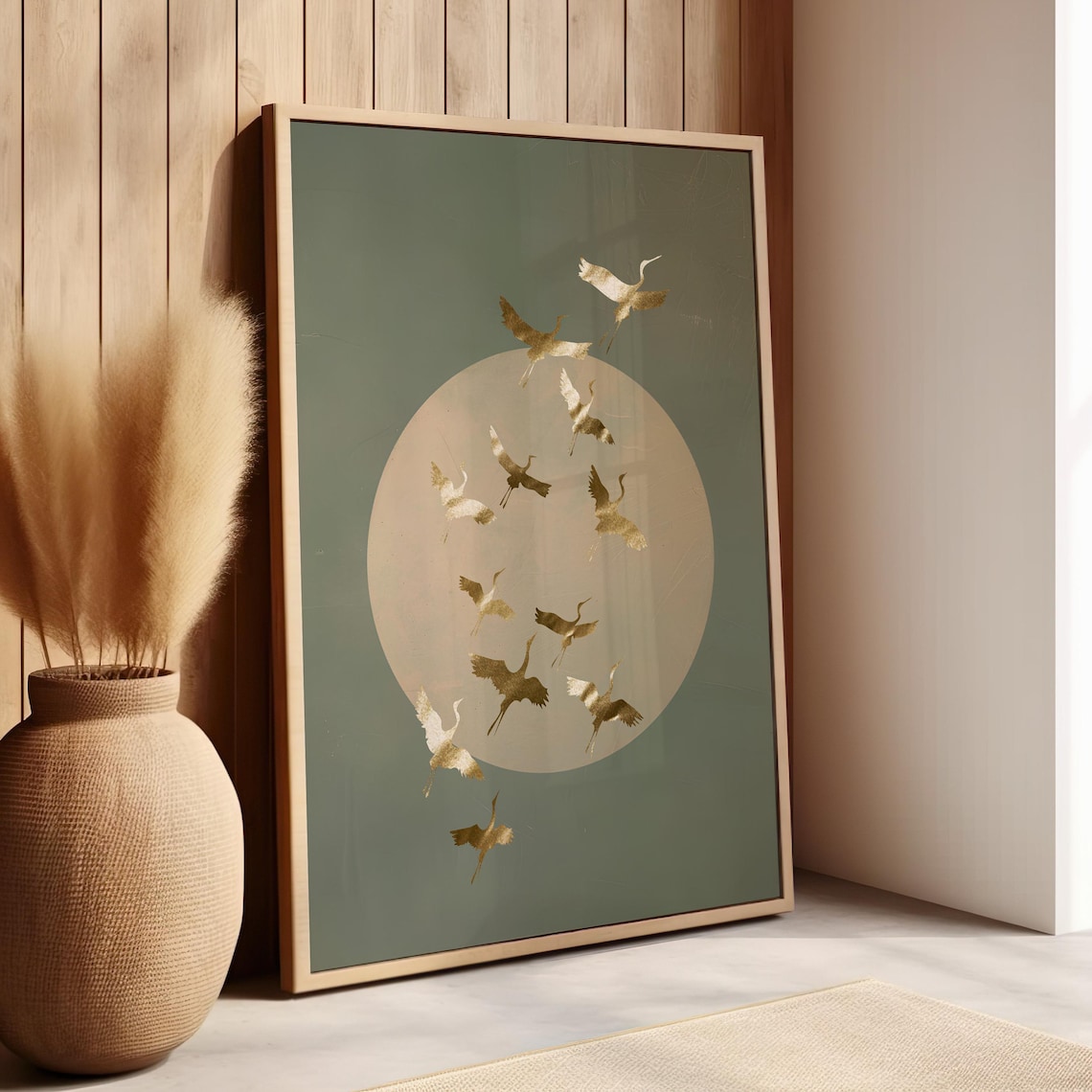Golden Cranes Flying Cream Moon Sage Green Japanese Bird Art Poster