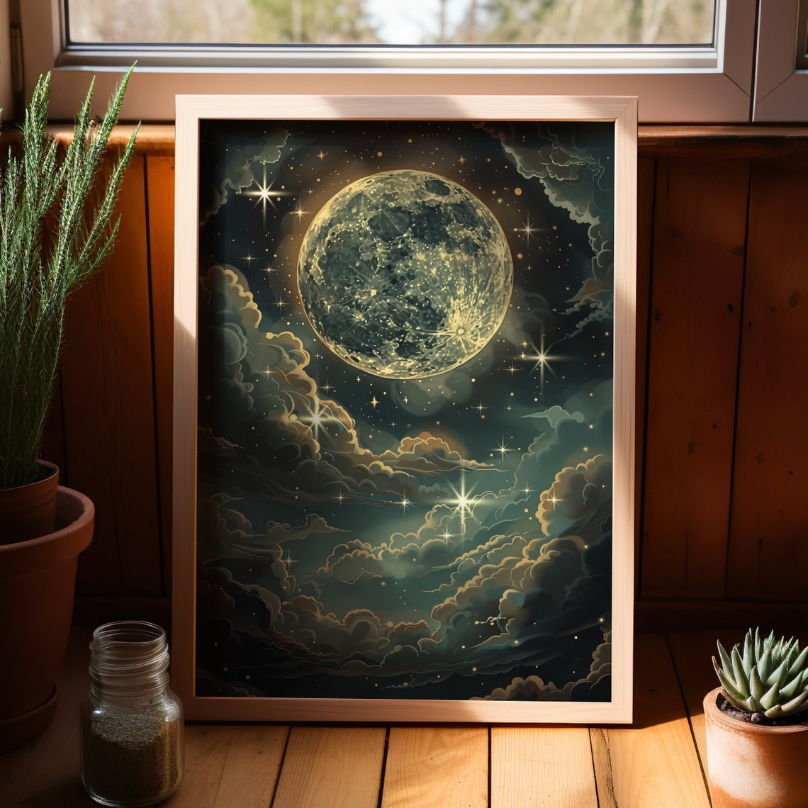 Enchanting Full Moon Night Sky Celestial Stars Clouds Poster