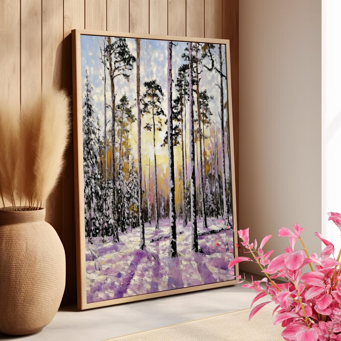 Snowy Pine Forest Sunset Winter Wonderland Nature Painting Poster - Image 4