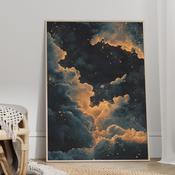 Ethereal Dark Night Sky Golden Clouds And Stars Celestial Landscape Poster Or Canvas Print Vintage Art Whimsigoth Mystical Wall