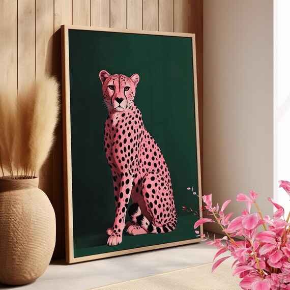 Pink Cheetah Portrait Emerald Green Wall Art Print Or Canvas Leopard Trendy Animal Jungle Maximalist Preppy Decor