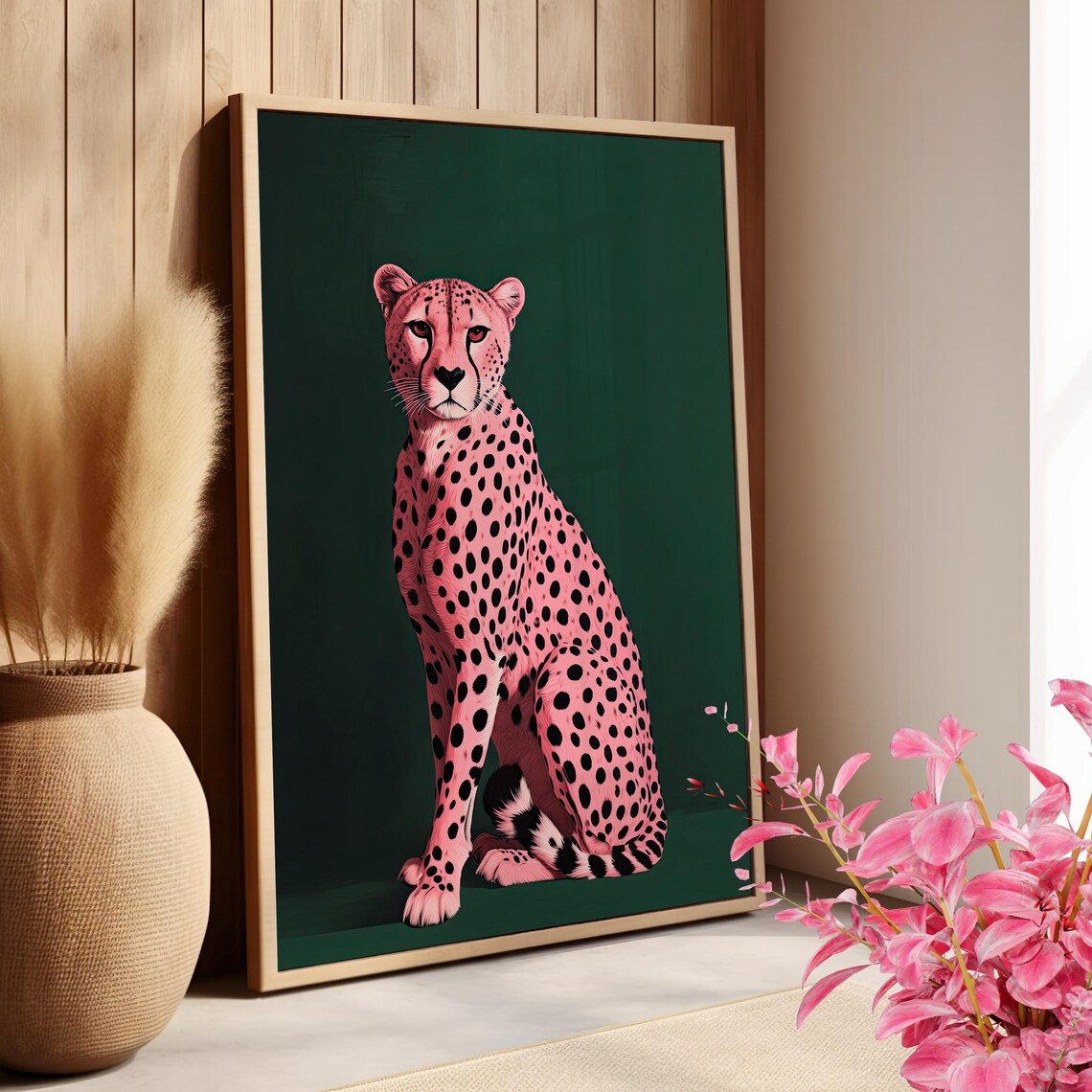 Pink Cheetah Portrait Emerald Green Maximalist Animal Wall Art