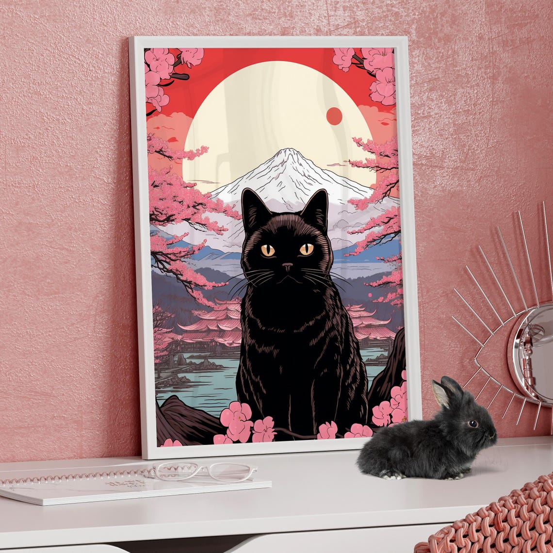 Black Cat Mount Fuji Cherry Blossom Japanese Style Art Poster