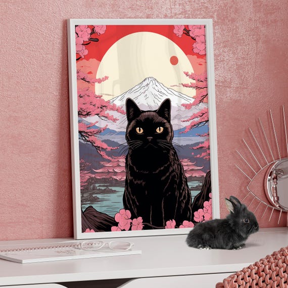 Cute Classy And Elegant Black Cat Mount Fuji Art Print Or Canvas Calming Land Of The Rising Sun Wall Decor Japanese Landmark Poster