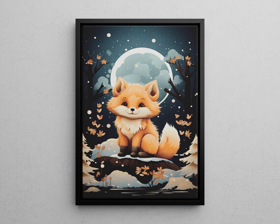 Cute Baby Fox Under Moonlight Snowy Night Nursery Animal Poster