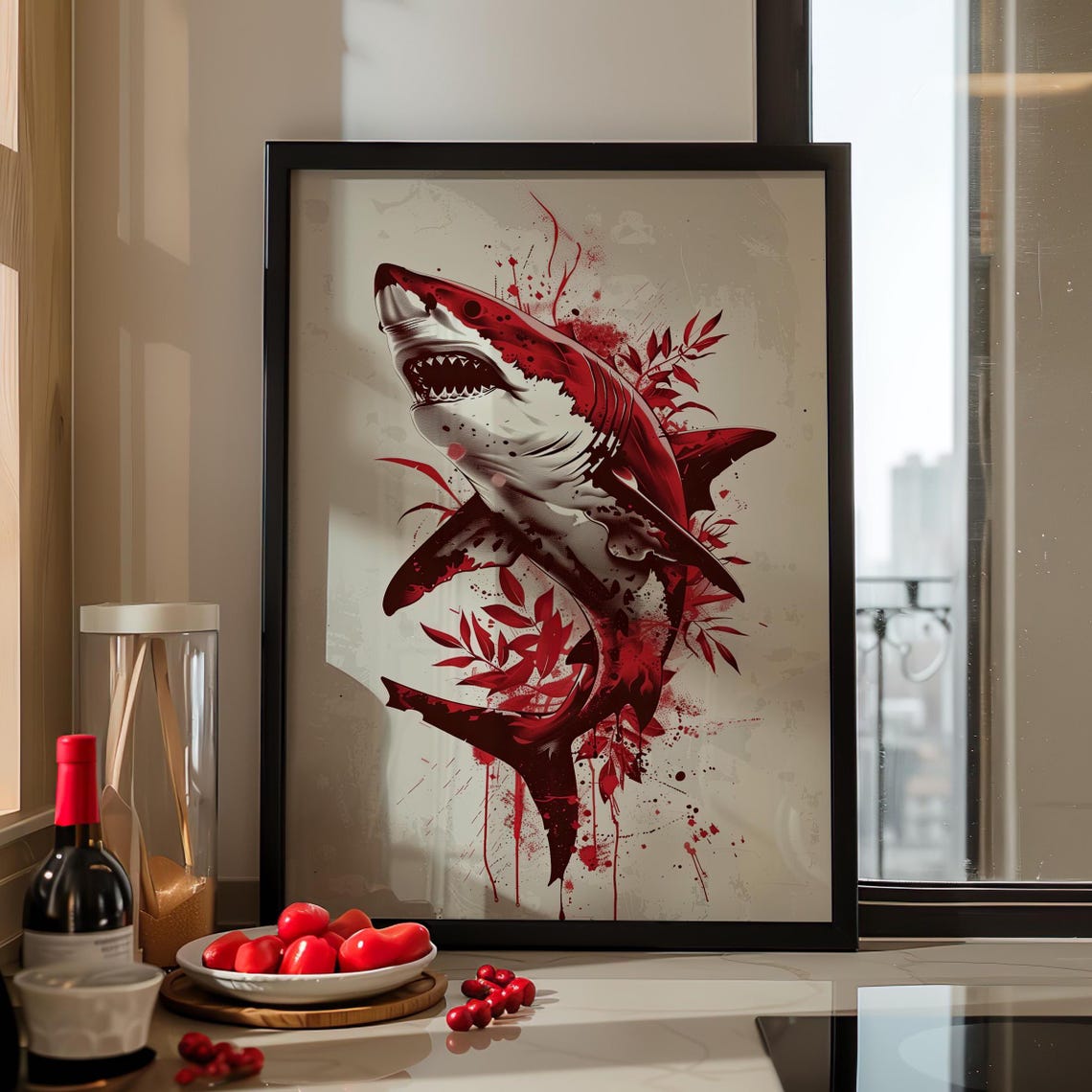Red Floral Great White Shark Botanical Ocean Creature Poster
