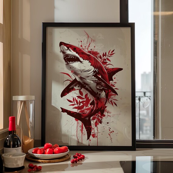 Red Botanical Art Print Poster Or Canvas Ocean Animal Whale Wall Sea Life Portrait Nautical