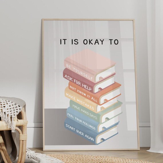 It Is Okay To Pastel Book Stack Motivational Kids Classroom Poster