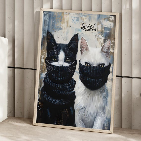 Black And White Funny Cat Serial Snugglers Art Print Or Canvas Whimsical Watercolor Pet Nursery Wall Vintage Animal Portrait