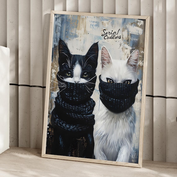 Serial Cuddlers Cats In Knit Masks Funny Whimsical Animal Poster
