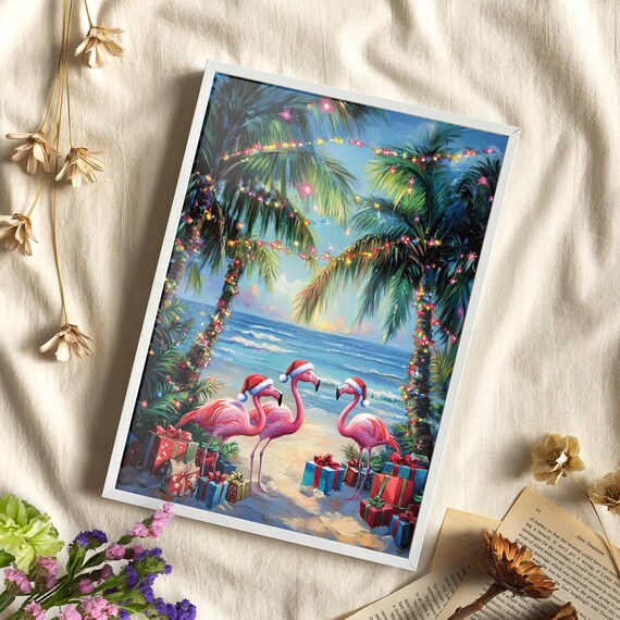Pink Flamingos in Santa Hats Tropical Christmas Beach Poster