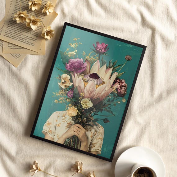 Teal Flower Woman Art Canvas Or Poster Print Floral Retro Female Botanical Feminism Vintage