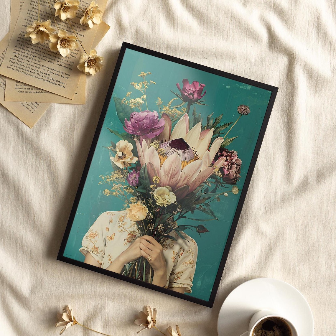 Woman Hiding Face Behind Giant Flower Bouquet Teal Art Poster