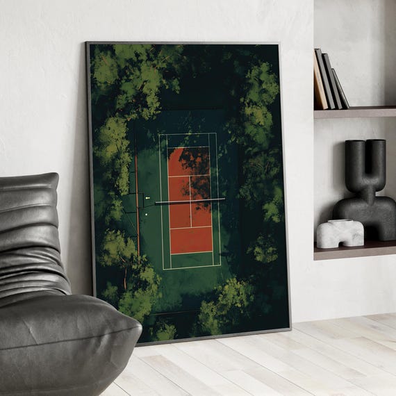 Tennis Court Retro Green Art Print Poster Or Canvas Vertical Wall Sports Boys Room Decor Fields Prints