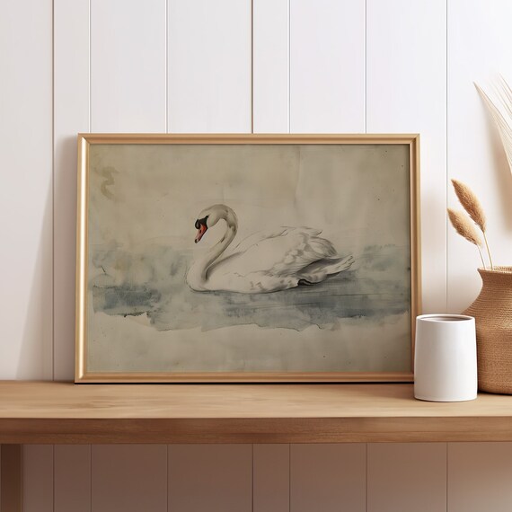 Vintage Watercolor Swan Painting Classic Rustic Nursery Poster