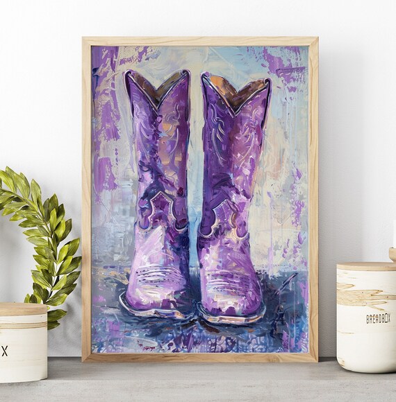 Purple Cowgirl Boots Oil Painting Or Canvas Coastal Art Western Boho Girly Nursery Vintage Southern Girl