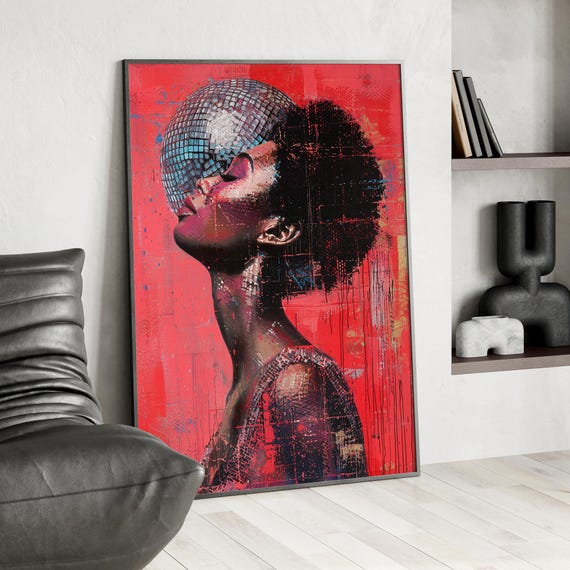 Woman With Disco Ball Art Print Or Canvas Pink African Poster Mirrorball Retro Wall Maximalist Glamorous Decor