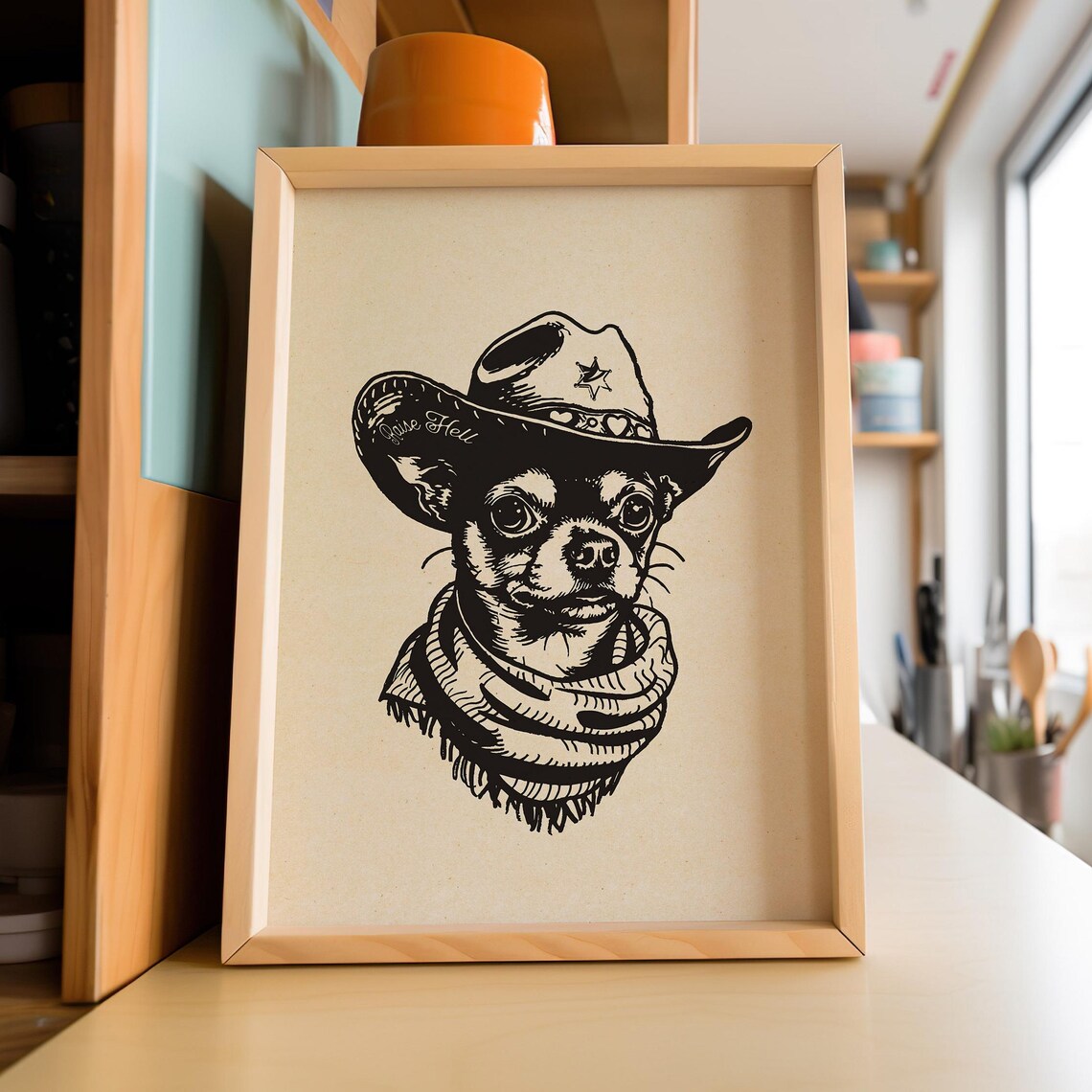 Raise Hell Cowboy Chihuahua Western Line Art Funny Dog Poster