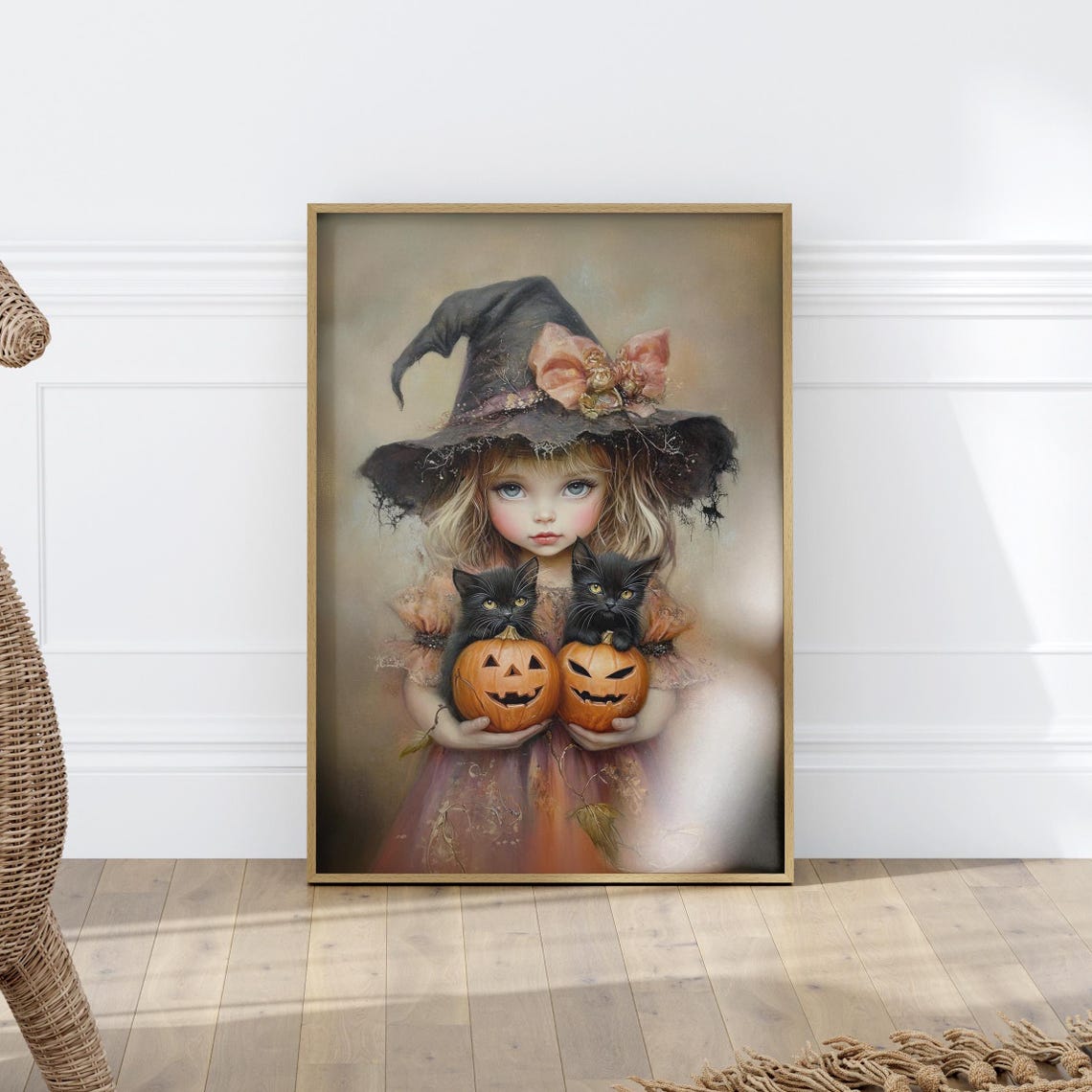Little Witch Girl Holding Pumpkins With Black Kittens Halloween Poster