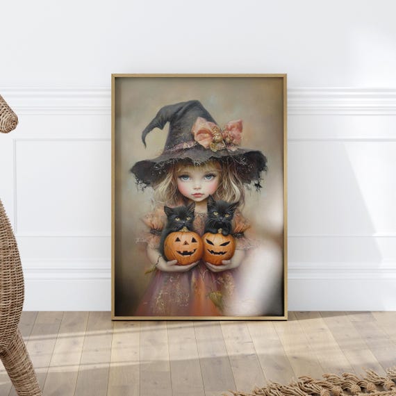 Cute Little Witch Girl Holding Small Pumpkins And Black Kittens Realistic Portrait Poster Or Canvas Print Witchy Halloween Home Decor