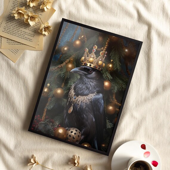 Crowned Black Crow Golden Christmas Tree Gothic Dark Wall Art