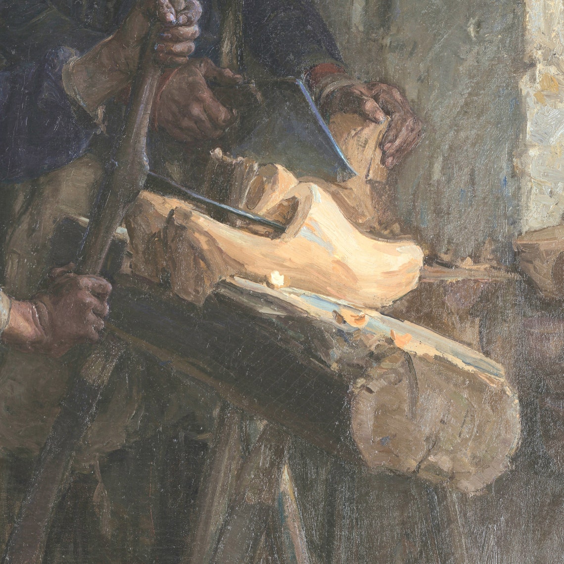 Young Apprentice Boy Sawing Wood Vintage Workshop Scene Poster - Image 2