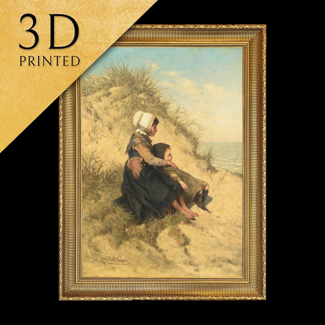 Two Children Embracing on Seaside Sand Dunes Coastal Painting Poster