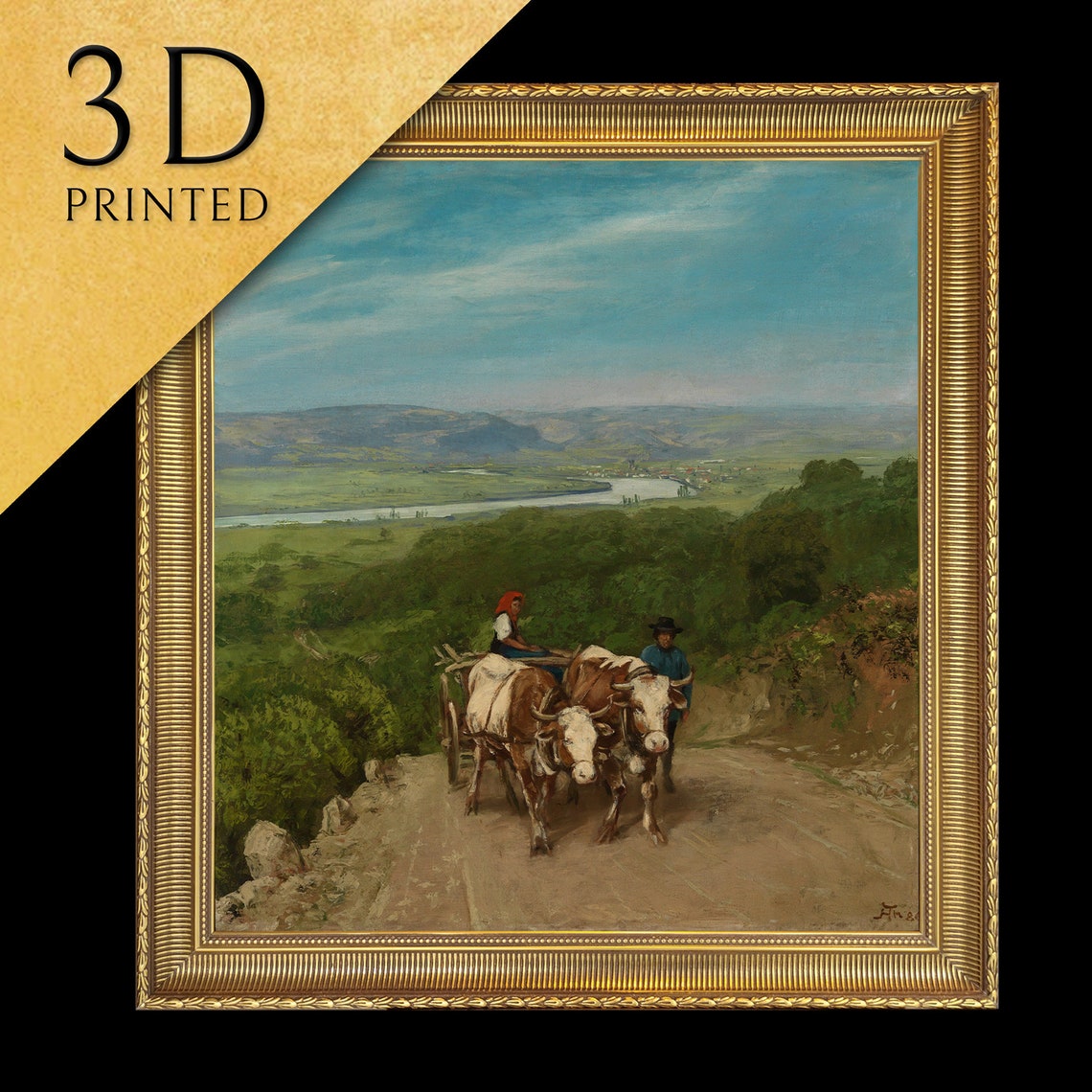 Ox Drawn Cart Country Road River Valley Vintage Landscape Print