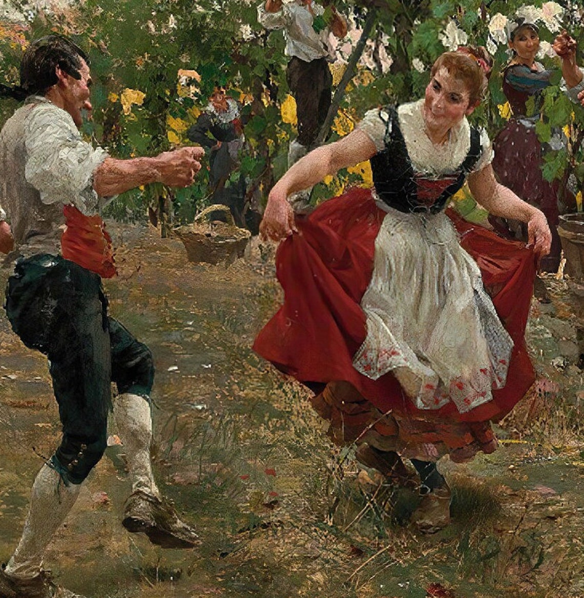 Italian Grape Harvest with an Ox Cart and Workers Dancing Poster - Image 3