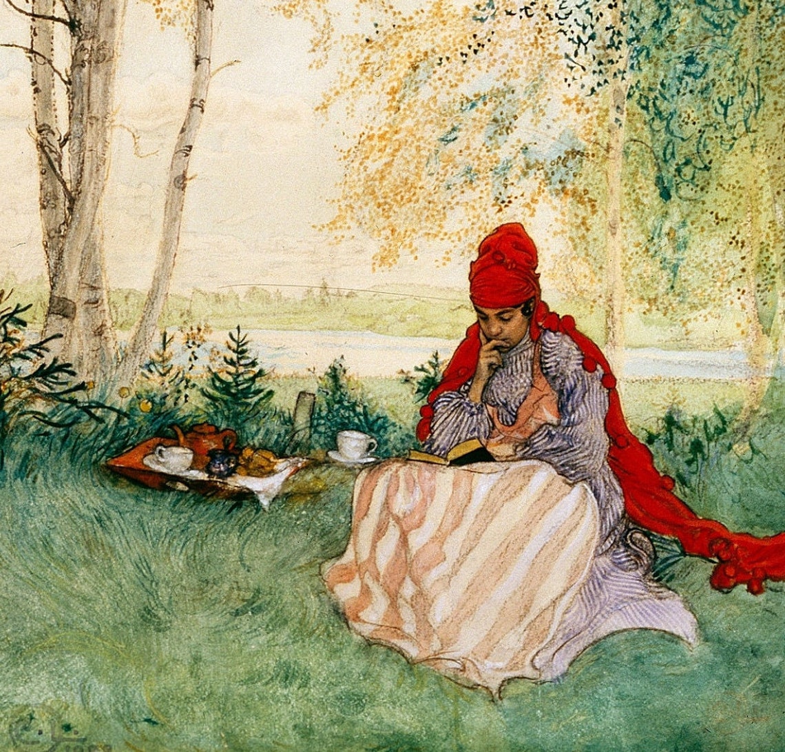 Woman With a Red Scarf Reading Under Tall Birch Trees Art Poster - Image 2