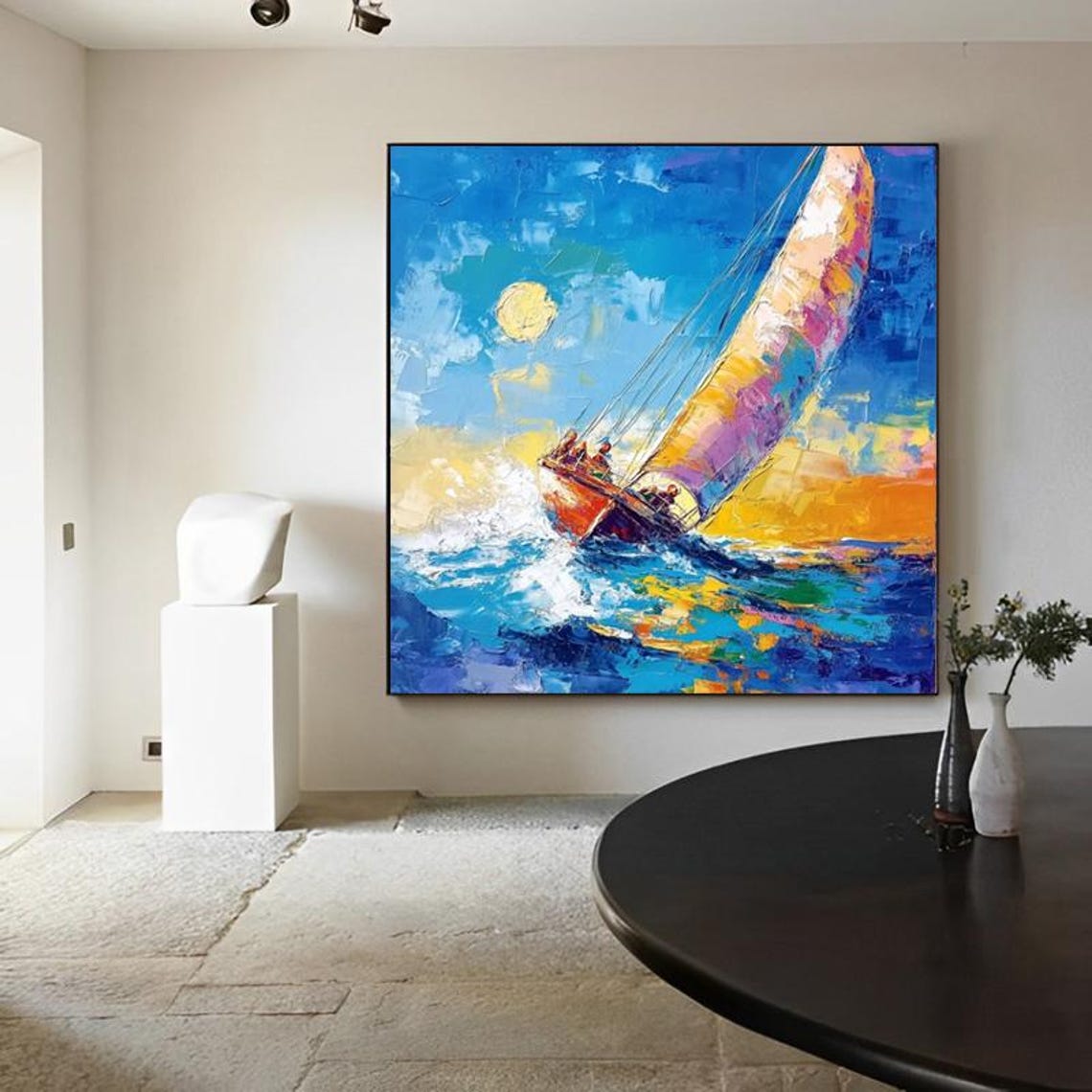 Sailboat At Sunset On Colorful Impasto Ocean Waves Nautical Art Poster - Image 4