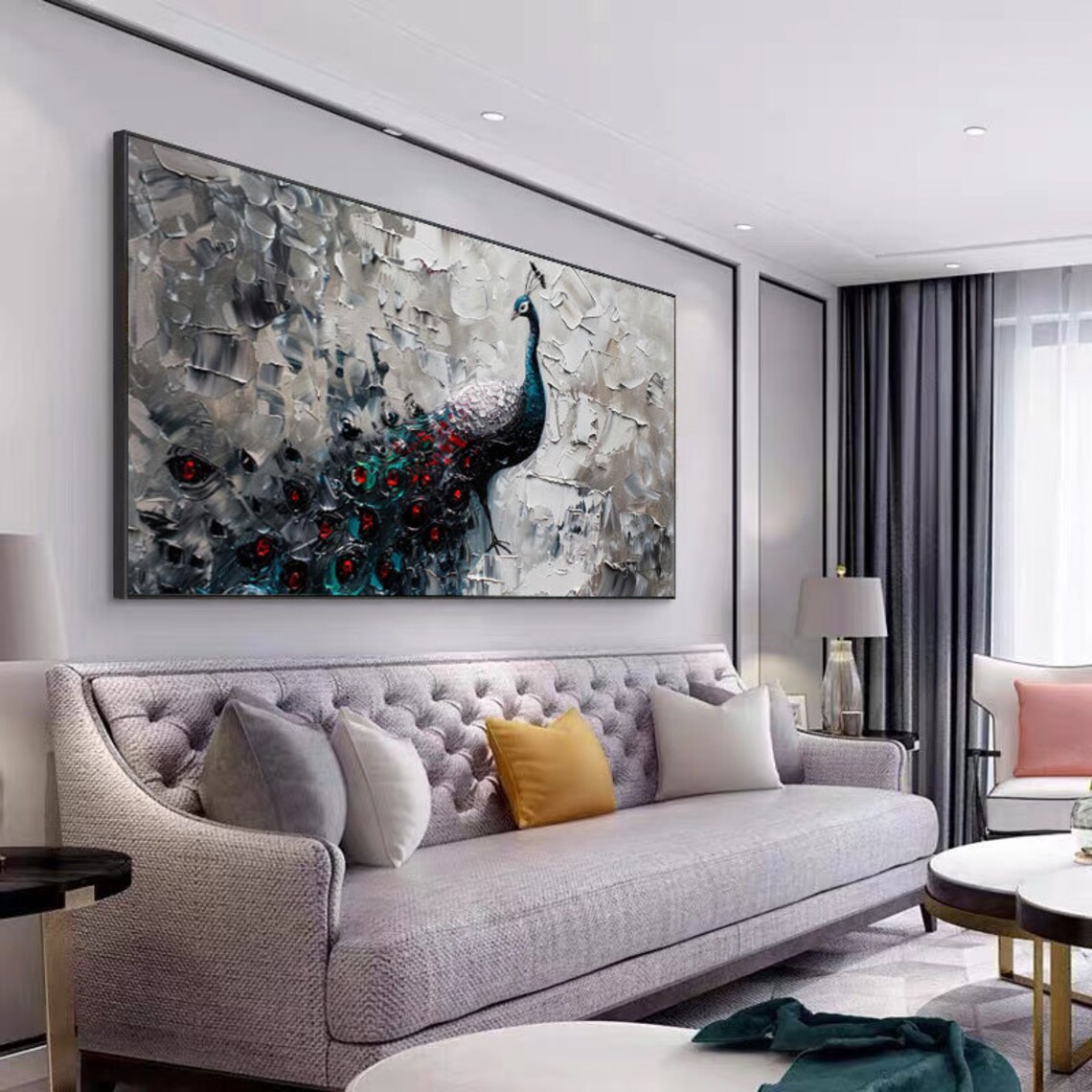 Peacock Oil Painting, Grey Background Art Print - Image 4