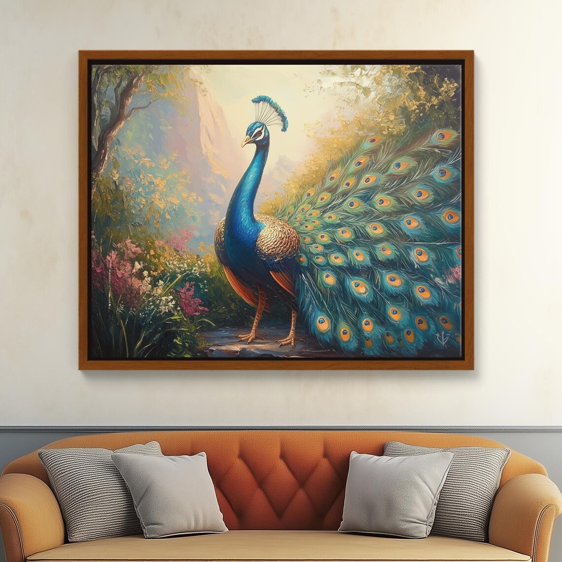 Peacock With Fanned Iridescent Tail in Garden Painting Poster