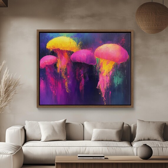 Neon Jellyfish Abstract Colorful Underwater Ocean Painting Poster