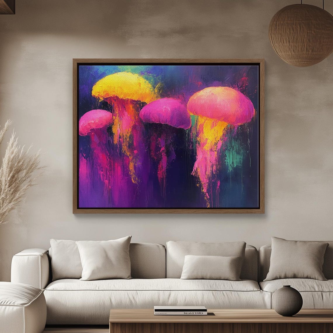 Neon Jellyfish Abstract Colorful Underwater Ocean Painting Poster