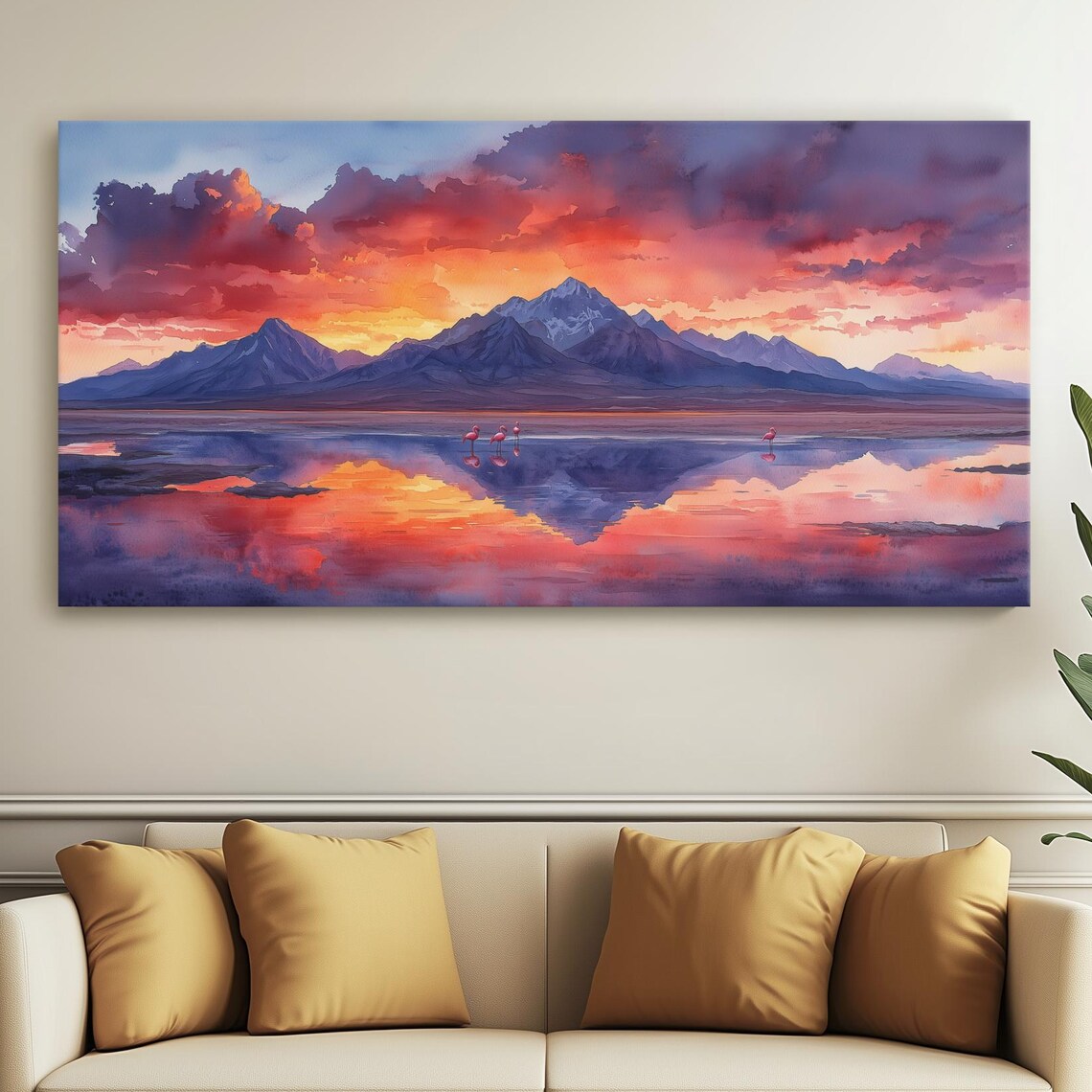 Salt Flat Flamingos Fiery Sunset Mountain Watercolor Landscape Art Poster
