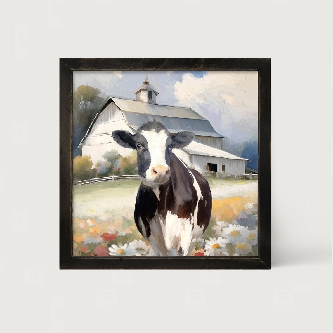 Holstein Cow Wildflower Field White Barn Farmhouse Framed Art Poster