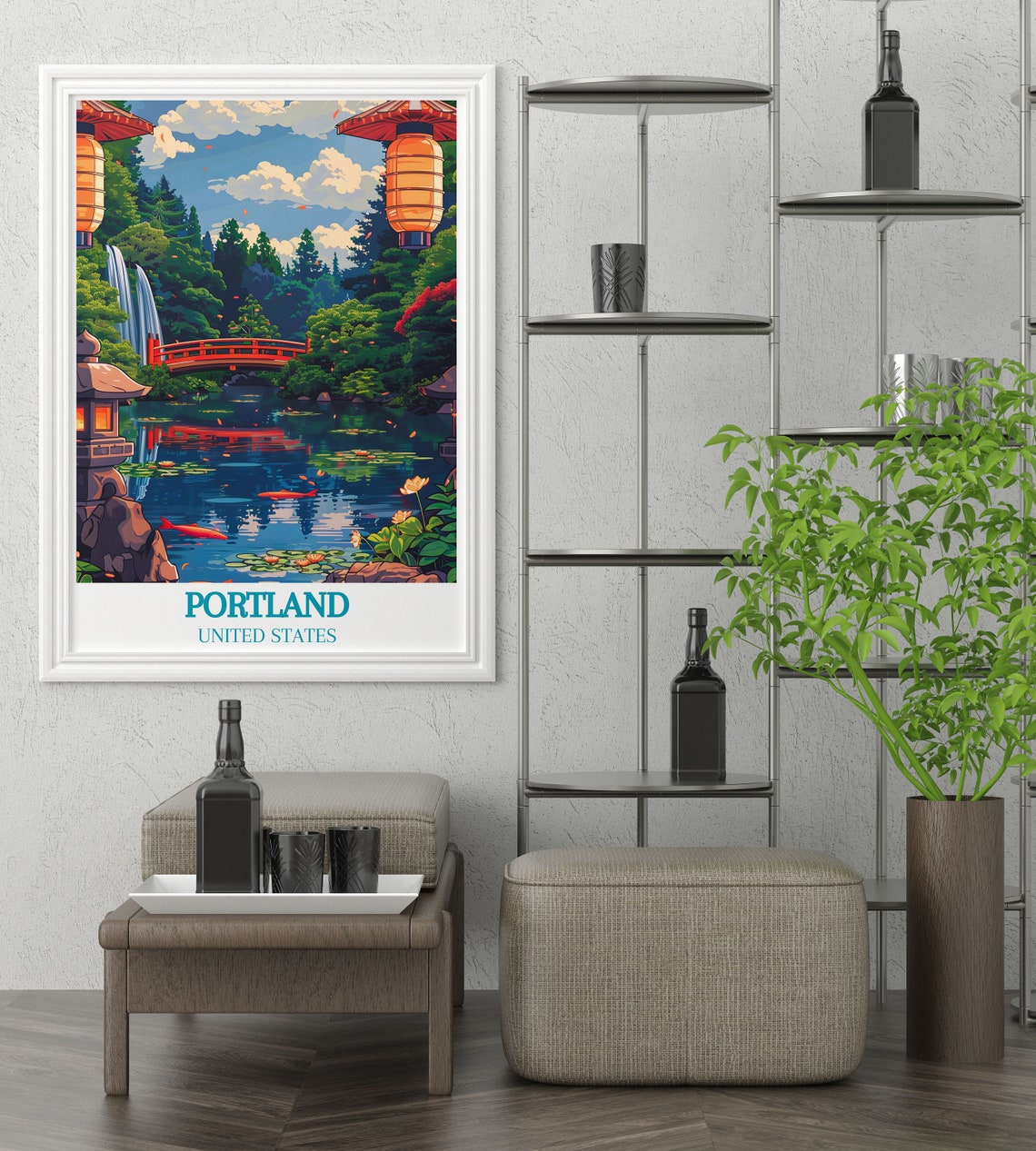 Portland Japanese Garden Red Moon Bridge Koi Pond Lanterns Poster - Image 2