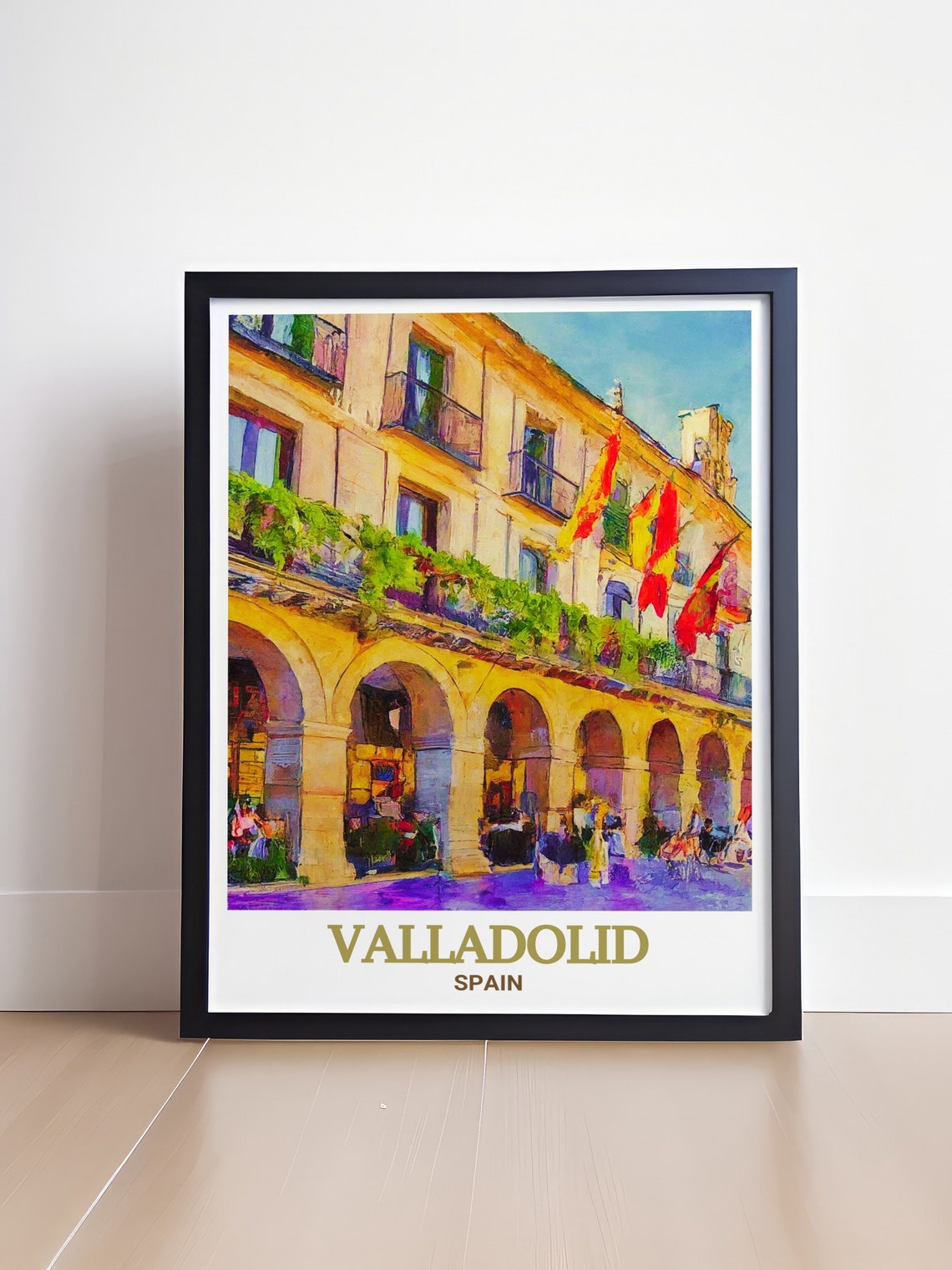 Valladolid Spain Plaza Mayor Arches Spanish Flags Travel Poster - Image 4