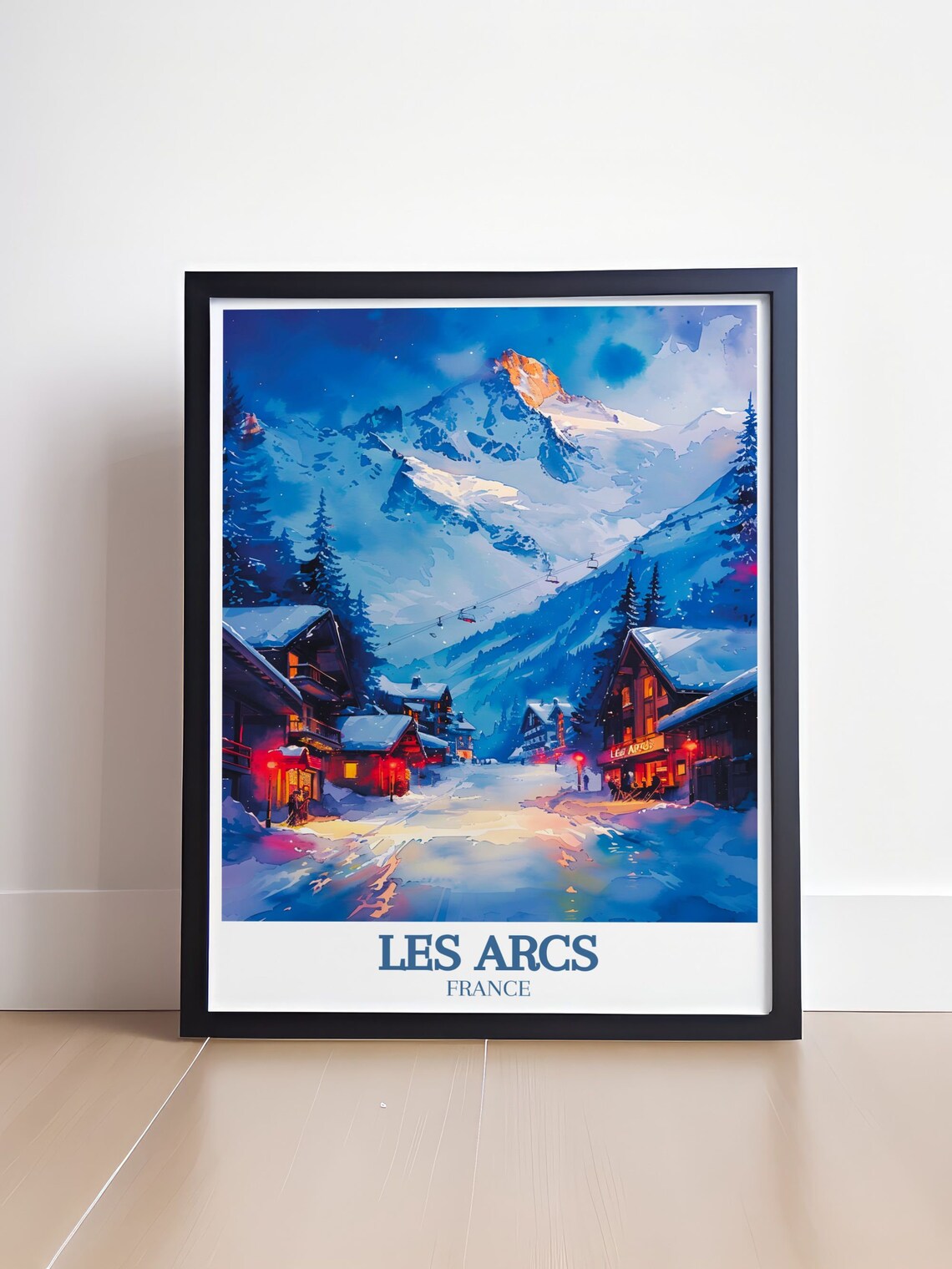 Les Arcs France Snowy Village Night Watercolor Alpine Travel Poster - Image 4