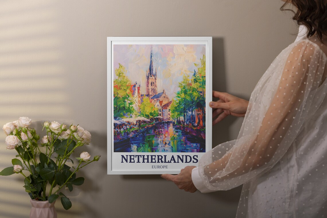Netherlands Dutch Canal Church Spire Impressionist Painting Poster - Image 2