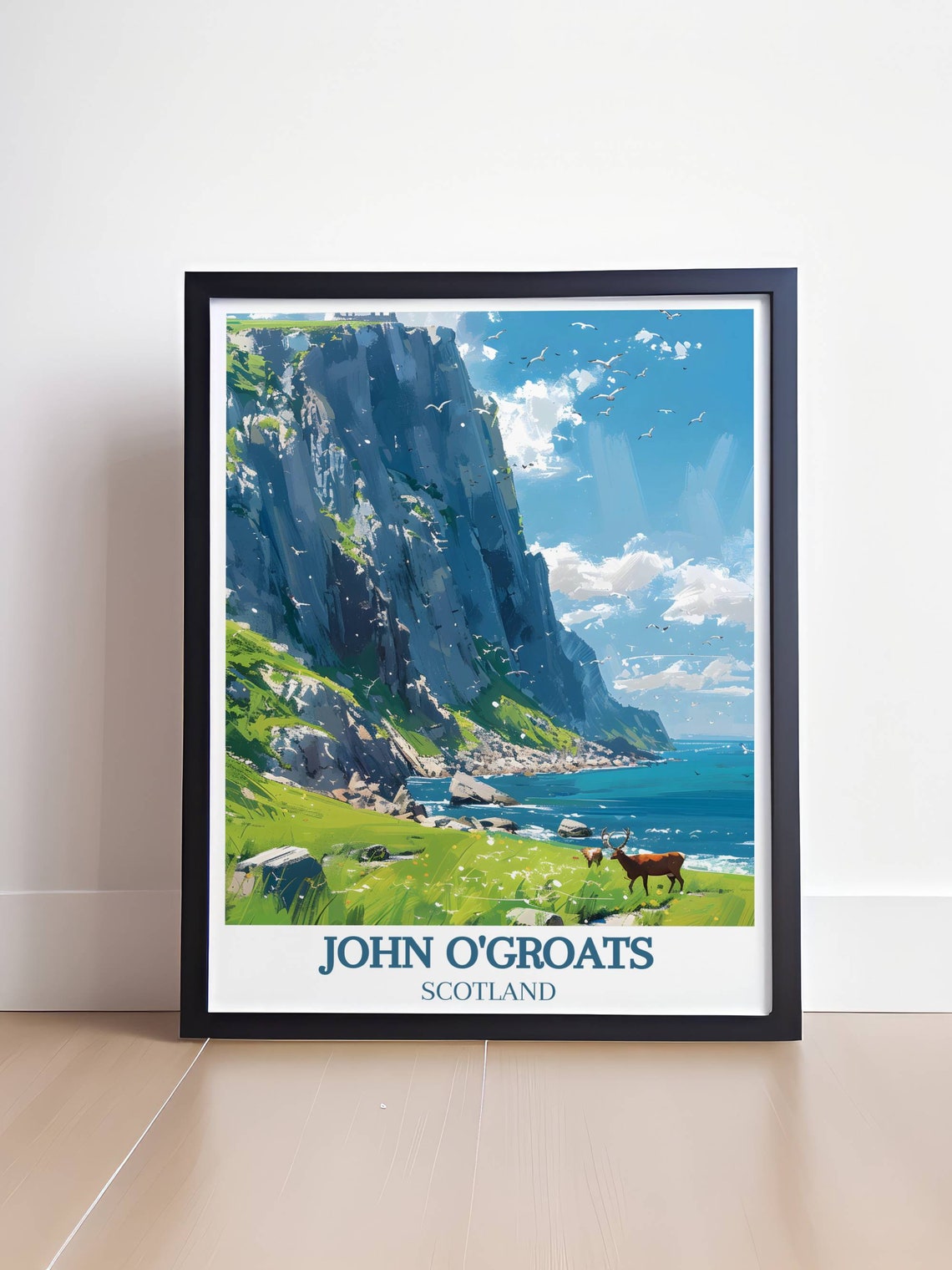 John O'Groats Towering Cliffs Seabirds and Red Deer Scotland Poster - Image 4